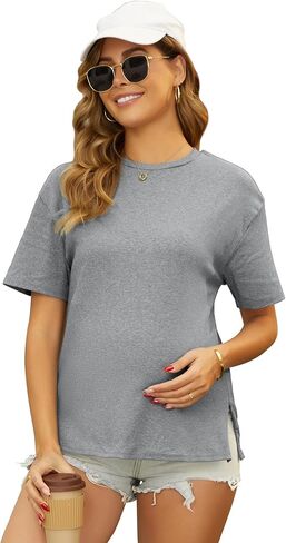 Women's Maternity Shirts Hidden Zipper Cotton Tees Split Side Short Sleeve Postpartum Nursing Pregnancy Tops in Saudi Arabia