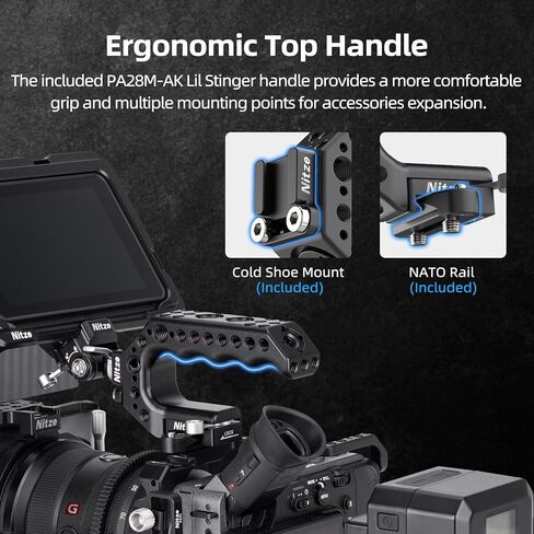 Nitze طقم قفص كامل لكاميرا Sony FX2 ومقبض XLR، قفص FX2 مع مقبض Lil Stinger الناتو العلوي، مشبك كابل HDMI، حاجز ناتو مدمج، حذاء بارد ولوحة تحرير سريعة لـ Arca-Swiss - T-S16D in Kuwait