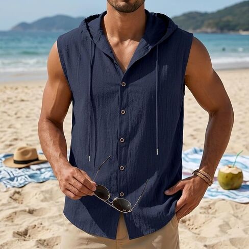 Mens Linen Hooded Tank Tops Sleeveless Button Down Shirts Summer Casual Hawaiian Beach Sleeveless Hoodies in Saudi Arabia