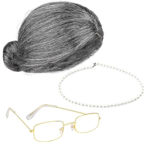 Cooraby 3 Pieces Halloween Grey Old Lady Wig Grandma Wig Granny Glasses Artificial Pearl Necklace Halloween Fancy Granny Costume Set in Saudi Arabia