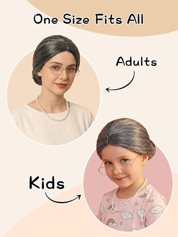 Cooraby 3 Pieces Halloween Grey Old Lady Wig Grandma Wig Granny Glasses Artificial Pearl Necklace Halloween Fancy Granny Costume Set in Saudi Arabia