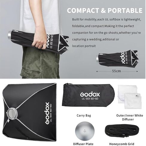 Godox Softbox UL-24 بوصة × 24 بوصة / 60 × 60 سم، صندوق ناعم على شكل مظلة بوينز سريع التحرير مع شبكة، ناشر، حقيبة للتصوير الفوتوغرافي لإضاءة صندوق ناعم في الاستوديو، تصوير صورة المنتج، تسجيل الفيديو، البث المباشر in Kuwait