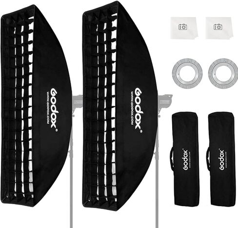 Godox Strip Softbox، 2PCS FW22x90cm / 8.7x35.4 Bowens Mount Softbox مع شبكة قرص العسل، طقم إضاءة صندوق ناعم قابل للفصل مع Speedring لاستوديو ستروب فلاش صورة المنتج التصوير الفوتوغرافي in Kuwait