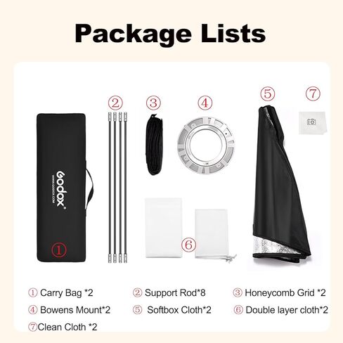 Godox Strip Softbox، 2PCS FW22x90cm / 8.7x35.4 Bowens Mount Softbox مع شبكة قرص العسل، طقم إضاءة صندوق ناعم قابل للفصل مع Speedring لاستوديو ستروب فلاش صورة المنتج التصوير الفوتوغرافي in Kuwait