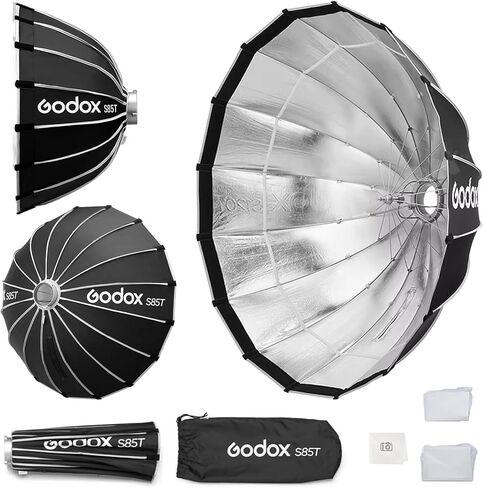 Godox Softbox S85T 85 سم / 33.5 بوصة، مظلة سريعة التحرير Softbox Bowens Mount مع ناشرات أمامية وداخلية قابلة للإزالة، صندوق إضاءة ناعم قابل للطي للاستوديو المنزلي والسفر والتصوير الفوتوغرافي لصورة المنتج in Kuwait