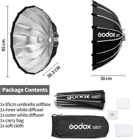 Godox Softbox S85T 85 سم / 33.5 بوصة، مظلة سريعة التحرير Softbox Bowens Mount مع ناشرات أمامية وداخلية قابلة للإزالة، صندوق إضاءة ناعم قابل للطي للاستوديو المنزلي والسفر والتصوير الفوتوغرافي لصورة المنتج in Kuwait
