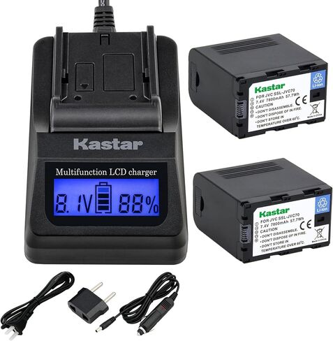 Kastar شاحن سريع للغاية وبطارية 2X لـ JVC SSL-JVC70 SSL-JVC75 BN-S8I50 GY-HMQ10 GY-LS300 GY-HM200 GY-HM200HW GY-HM200U GY-HM600 GY-HM620U GY-HM650 GY-HM650SC GY-HM650U GY-HM660SC GY-HM660U in Kuwait