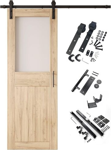 40x84 Half Lite Frosted Glass Design Unfinished & Unassembled Solid Wood Sliding Barn Door Only with 7ft Long Single Door Non-Bypass Hardware Kit (Interior Use Only) in Saudi Arabia