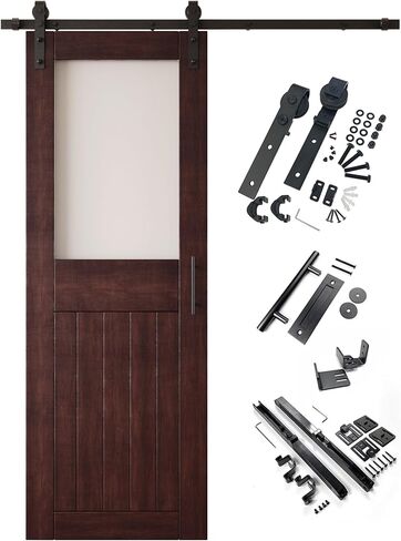 الأحمر الماهوجني 48x84 نصف لايت تصميم الزجاج المصنفر الانتهاء من باب الحظيرة المنزلق من الخشب الصلب غير المجمع فقط مع باب واحد طويل 9 أقدام طقم أدوات غير تجاوز (الاستخدام الداخلي فقط) in Kuwait