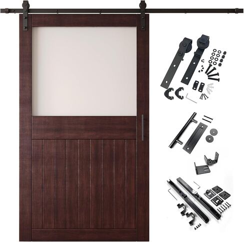 Red Mahogany 48x84 Half Lite Frosted Glass Design Finished Unassembled Solid Wood Sliding Barn Door Only with 9ft Long Single Door Non-Bypass Hardware Kit (Interior Use Only) in Saudi Arabia