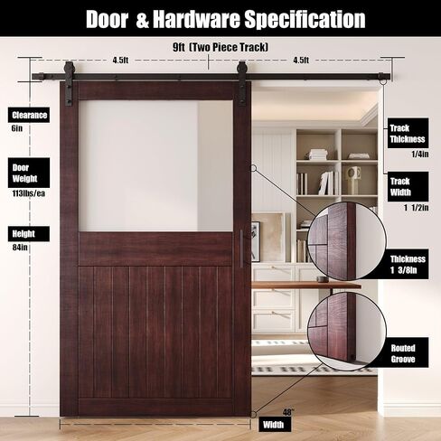 Red Mahogany 48x84 Half Lite Frosted Glass Design Finished Unassembled Solid Wood Sliding Barn Door Only with 9ft Long Single Door Non-Bypass Hardware Kit (Interior Use Only) in Saudi Arabia