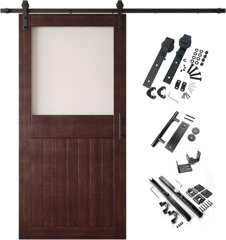 Red Mahogany 48x84 Half Lite Frosted Glass Design Finished Unassembled Solid Wood Sliding Barn Door Only with 9ft Long Single Door Non-Bypass Hardware Kit (Interior Use Only) in Saudi Arabia