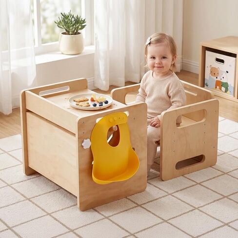 labebe Montessori Weaning Table and Chair Set - Adjustable Toddler Eating Table with Baby Bibs, Ideal for Mealtime & Learning, Nursery Birthday Gift in Kuwait