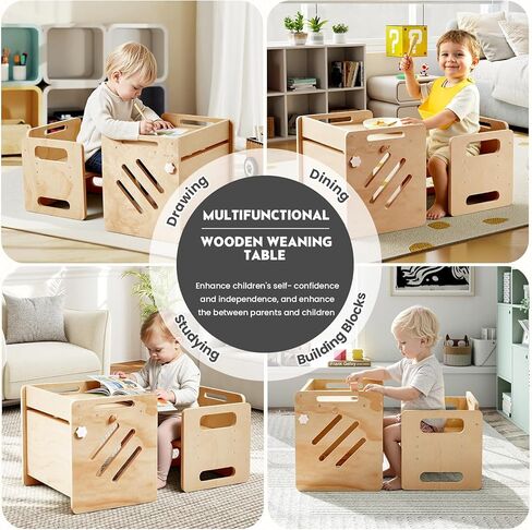 labebe Montessori Weaning Table and Chair Set - Adjustable Toddler Eating Table with Baby Bibs, Ideal for Mealtime & Learning, Nursery Birthday Gift in Kuwait