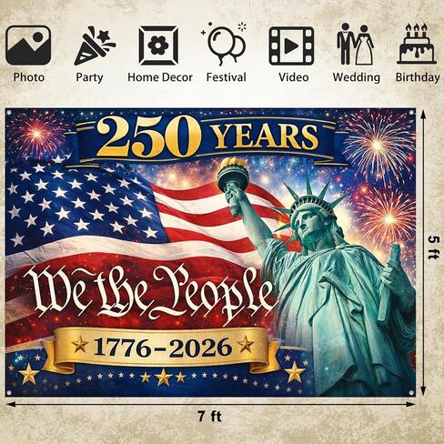 خلفية أمريكا 250 عامًا من الحرية، 1776-2026، خلفية حفلة الذكرى السنوية للاحتفال بعيد ميلاد أمريكا 250، 5 × 7 قدم، الولايات المتحدة الأمريكية، يوم الرابع من يوليو، لوازم الزينة الوطنية لعيد الاستقلال، أحمر أزرق in Kuwait