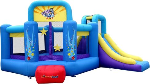 Bounceland Pop Star نفخ ترتد منزل الحارس، منطقة كذاب كبيرة مع شريحة طويلة، جدار التسلق، طوق كرة السلة، وشملت UL 1HP منفاخ، 15 قدم × 13 قدم × 8.3 قدم ارتفاع، موضوع حفلة البوب ​​ستار للأطفال in Kuwait