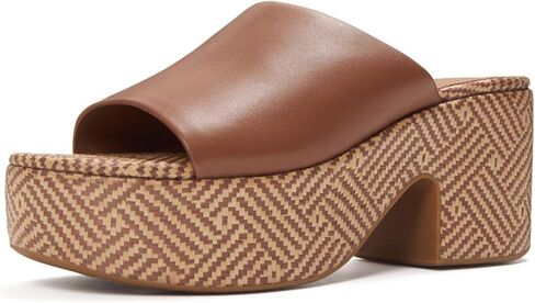 شبشب نسائي من FitFlop بكعب جلدي منسوج برسومات PLATFFORMS - صنادل ذات نعل ثابت مع راحة مبطنة ودعم للقوس in Kuwait