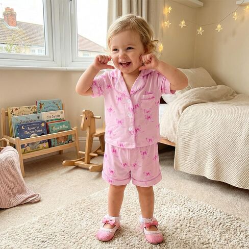 Kavousa Toddler Baby Girl Summer Pajamas Set Striped Short Sleeve Tops and Shorts 2 Piece Sleepwear Nightgown Pjs Outfit in Saudi Arabia