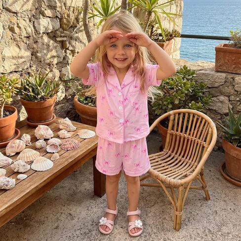 Kavousa Toddler Baby Girl Summer Pajamas Set Striped Short Sleeve Tops and Shorts 2 Piece Sleepwear Nightgown Pjs Outfit in Saudi Arabia