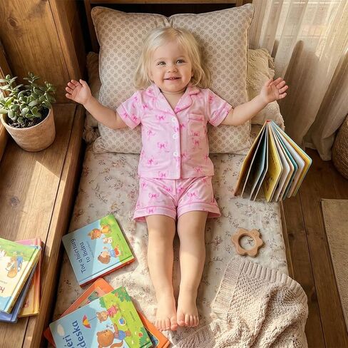 Kavousa Toddler Baby Girl Summer Pajamas Set Striped Short Sleeve Tops and Shorts 2 Piece Sleepwear Nightgown Pjs Outfit in Saudi Arabia