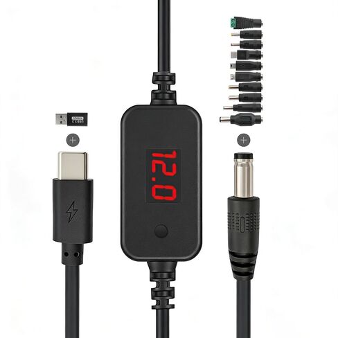 محول كابل طاقة USB-C PD إلى DC 5.5 2.5 مم، كابل شحن عالمي متعدد الجهد (5 فولت/9 فولت/12 فولت/15 فولت/20 فولت) مع شاشة LED و11 موصلًا لجهاز التوجيه وإضاءة LED والكاميرا والكمبيوتر المحمول والهواتف والمزيد، 3 أقدام in Kuwait