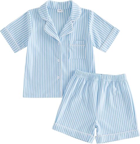 Kavousa Toddler Baby Girl Summer Pajamas Set Striped Short Sleeve Tops and Shorts 2 Piece Sleepwear Nightgown Pjs Outfit in Saudi Arabia