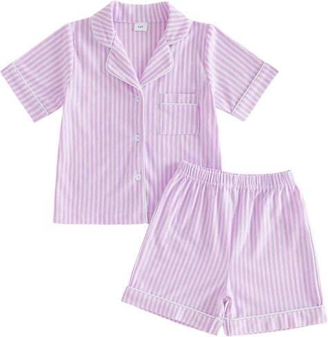 Kavousa Toddler Baby Girl Summer Pajamas Set Striped Short Sleeve Tops and Shorts 2 Piece Sleepwear Nightgown Pjs Outfit in Saudi Arabia