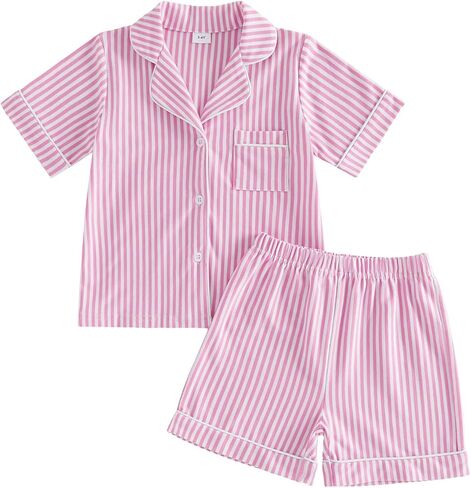 Kavousa Toddler Baby Girl Summer Pajamas Set Striped Short Sleeve Tops and Shorts 2 Piece Sleepwear Nightgown Pjs Outfit in Saudi Arabia