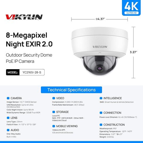 كاميرا VIKYLIN 4K 8MP PoE IP قبة خارجية/داخلية، كاميرا أمان 4K PoE Vandal Dome مع كشف المركبات البشرية، عدسة 2.8 مم، رؤية ليلية 98 قدمًا، ميكروفون مدمج، IK10/IP67، متوافق مع NDAA (ليس PTZ)، أبيض in Kuwait
