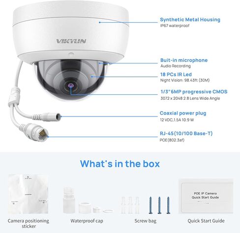 كاميرا VIKYLIN 4K 8MP PoE IP قبة خارجية/داخلية، كاميرا أمان 4K PoE Vandal Dome مع كشف المركبات البشرية، عدسة 2.8 مم، رؤية ليلية 98 قدمًا، ميكروفون مدمج، IK10/IP67، متوافق مع NDAA (ليس PTZ)، أبيض in Kuwait