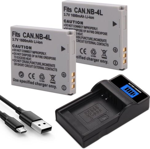 2 حزمة بطارية NB-4L + شاحن USB LCD لكاميرات Canon PowerShot ELPH 100 HS,300 HS,SD400,SD600,SD750,SD780 is,SD960 is,SD1000,SD1100 is,310 HS,SD30,SD40,SD200,SD300 in Kuwait