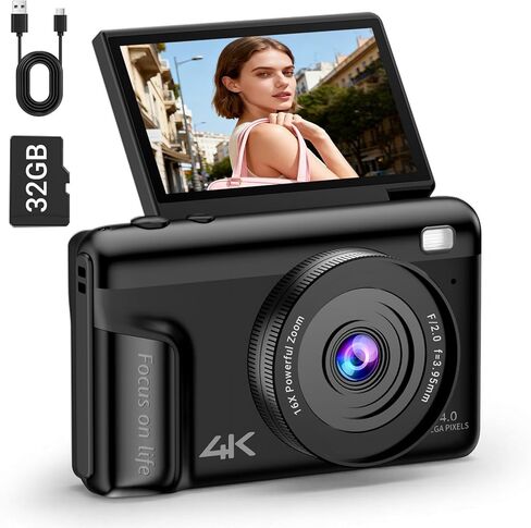 كاميرا رقمية بدقة 4K للتصوير الفوتوغرافي، وكاميرا تسجيل فيديو بدقة 64 ميجابكسل لليوتيوب مع شاشة قابلة للطي مقاس 3 بوصات ومضادة للاهتزاز، وكاميرا فيديو بتركيز تلقائي فائق الدقة مع تكبير رقمي 16X وبطاقة SD سعة 32 جيجابايت للمبتدئين والمراهقين والبالغين in Kuwait