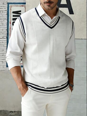 Men's Striped Cable Knit Sweater Vest V Neck Sleeveless Casual School Sweater Tops in Saudi Arabia