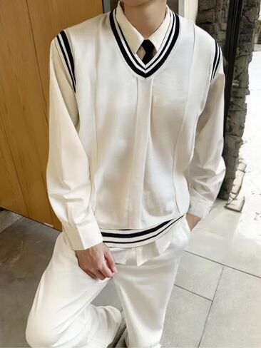 Men's Striped Cable Knit Sweater Vest V Neck Sleeveless Casual School Sweater Tops in Saudi Arabia