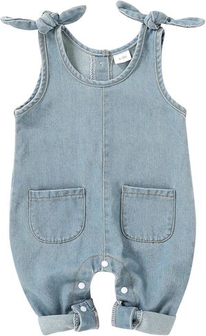 Happy Town Baby Girl Soft Washed Denim Romper Sleeveless Bow-Tie Strap Jumpsuit One-Piece Outfit Newborn Infant 0-18 Months in Saudi Arabia