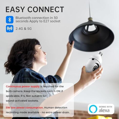 كاميرا Vivideye Light Bulb Camera للواي فاي في الهواء الطلق، كاميرات أمان 2K، كشف الحركة الخارجية اللاسلكية، محادثة ثنائية الاتجاه، رؤية ليلية ملونة، كشف الإنسان بالذكاء الاصطناعي، 5G و2.4 جيجا هرتز، كاميرا أمان بمصباح كهربائي متوافقة مع Alexa in Kuwait