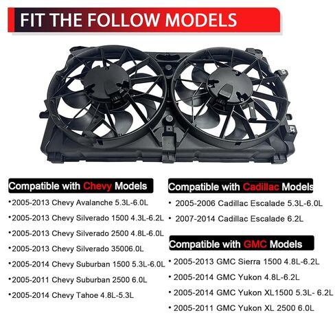 GM1101 Dual Radiator & Condenser Cooling Fan Assembly Compatible with Cadillac Escalade, Chevrolet Avalanche Silverado Suburban Tahoe, GMC Sierra Yukon XL, Replaces 620-654 in Saudi Arabia