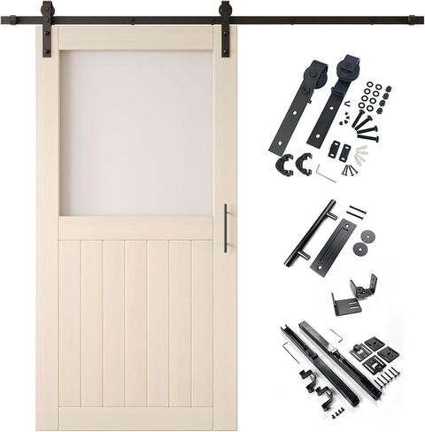 Tinsmith Gray 26x80 Half Lite تصميم زجاج بلوري تم تشطيبه بباب الحظيرة المنزلق المصنوع من الخشب الصلب غير المجمّع فقط مع مجموعة أدوات غير تجاوزية لباب واحد بطول 4.5 قدم (للاستخدام الداخلي فقط) in Kuwait