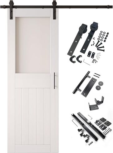 White 48x84 Half Lite Frosted Glass Design Finished Unassembled Solid Wood Sliding Barn Door Only with 9ft Long Single Door Non-Bypass Hardware Kit (Interior Use Only) in Saudi Arabia