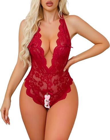 Women Sexy Deep V One Piece Teddy Lingerie Mesh Sheer Lace Babydoll Backless Cut out Crotchless Bodysuit Nightie in Saudi Arabia
