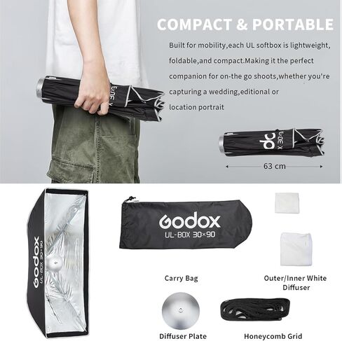 Godox Strip Softbox UL-12"x35"/30x90 سم، صندوق ناعم سريع الفك مع شبكة، ناشر، حقيبة للتصوير الفوتوغرافي لإضاءة صندوق ناعم في الاستوديو، تصوير صورة المنتج، تسجيل الفيديو، البث المباشر in Kuwait