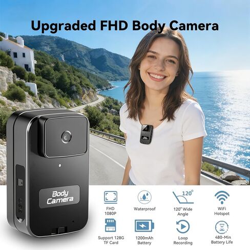 كاميرا الجسم AEZ 1080P، كاميرا POV مقاومة للماء يمكن ارتداؤها مع التحكم في تطبيق WiFi، بطارية 480 دقيقة، كاميرا الجسم المحمولة مع مشبك خلفي وقاعدة لمدونات الفيديو أثناء السفر والأعمال الرياضية الخارجية (بدون بطاقة SD) in Kuwait