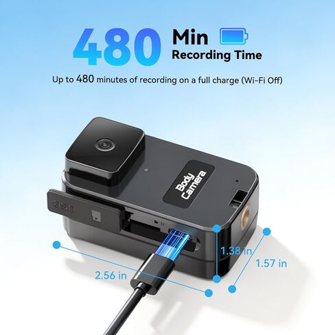 كاميرا الجسم AEZ 1080P، كاميرا POV مقاومة للماء يمكن ارتداؤها مع التحكم في تطبيق WiFi، بطارية 480 دقيقة، كاميرا الجسم المحمولة مع مشبك خلفي وقاعدة لمدونات الفيديو أثناء السفر والأعمال الرياضية الخارجية (بدون بطاقة SD) in Kuwait