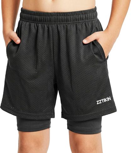 Boys' 2-in-1 Athletic Shorts with Compression Liner, Quick-Dry Breathable Running Shorts for Youth Sports Training in Saudi Arabia