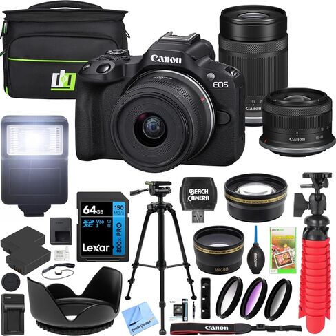 هيكل كاميرا Canon EOS R50 بدون مرآة مع طقم عدسات RF-S مقاس 18-45 مم هو STM و55-210 مم هو STM 5811C022 مع حقيبة ديكو جير + 2 بطارية + حامل ثلاثي القوائم + مرشحات + زاوية واسعة وعدسات تليفوتوغرافي والمزيد in Kuwait