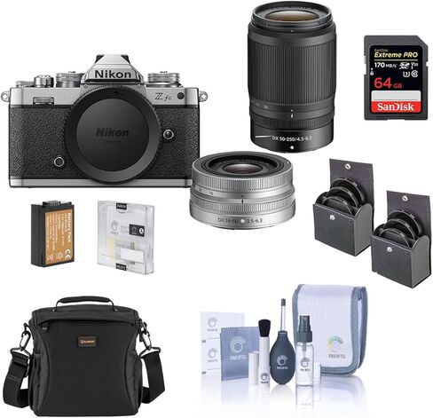 كاميرا Nikon Z fc DX بدون مرآة مع عدسة NIKKOR Z DX مقاس 16-50 مم، وعدسة فضية وعدسة 50-250 مم، وحزمة سوداء مع بطاقة SD سعة 64 جيجابايت، وحقيبة كتف، وبطارية إضافية، ومجموعات مرشحات وملحقات in Kuwait