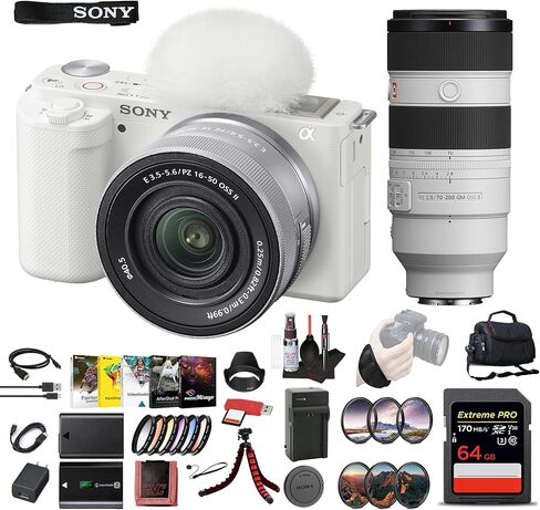 مجموعة كاميرا Sony ZV-E10 بدون مرآة مع عدسة تكبير الطاقة II مقاس 16-50 مم (أبيض) | مستشعر APS-C | أداة إنشاء مدمجة + عدسة سوني مقاس 18-105 مم + بطاقة سعة 64 جيجابايت + مجموعة مرشحات الألوان + مجموعة المرشحات + المزيد in Kuwait
