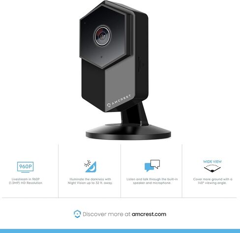 كاميرا أمان Amcrest ProHD Shield اللاسلكية IP، 960P 1.3 ميجابيكسل (1280x960P)، صوت ثنائي الاتجاه، زاوية عرض واسعة للغاية 140 درجة، MicroSD وتسجيل سحابي، تكبير رقمي، رؤية ليلية، IPM-HX1B (أسود) in Kuwait