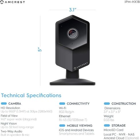 كاميرا أمان Amcrest ProHD Shield اللاسلكية IP، 960P 1.3 ميجابيكسل (1280x960P)، صوت ثنائي الاتجاه، زاوية عرض واسعة للغاية 140 درجة، MicroSD وتسجيل سحابي، تكبير رقمي، رؤية ليلية، IPM-HX1B (أسود) in Kuwait