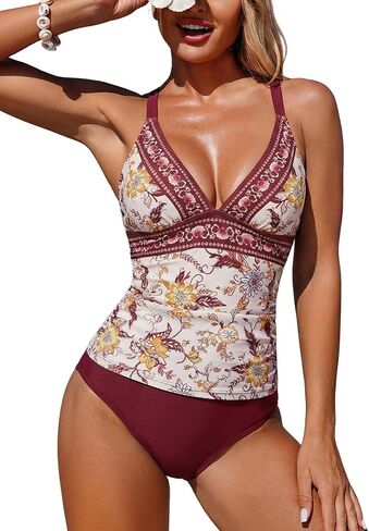 ZAFUL Tankini مجموعات للنساء التحكم في البطن Ruched رفع الخامس الرقبة القمم منتصف الخصر أسفل قطعتين ملابس السباحة الدعاوى in Saudi Arabia